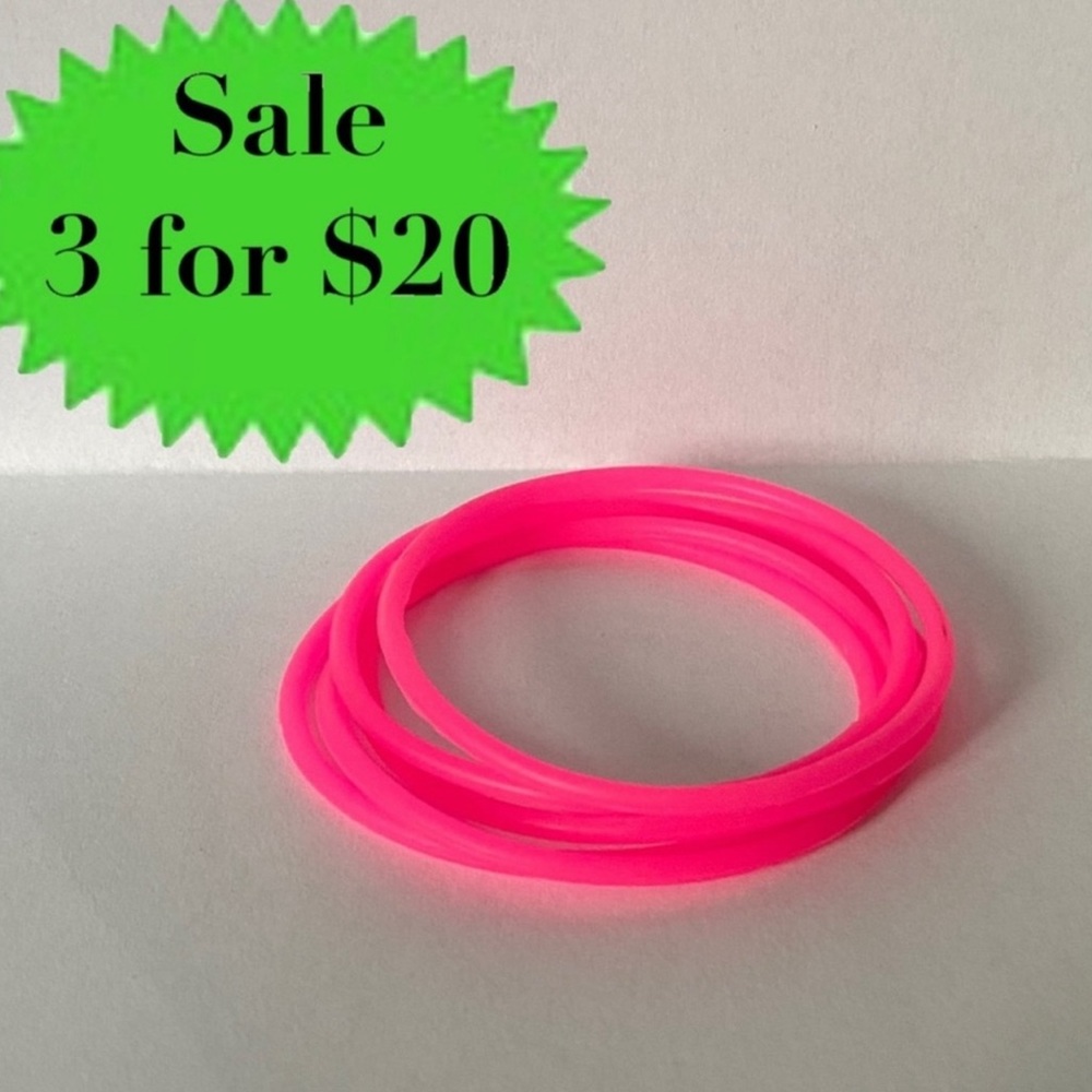NEON PINK 5pc Rubber Gummy Bracelets Silicone Jelly Wristbands 80s retro set